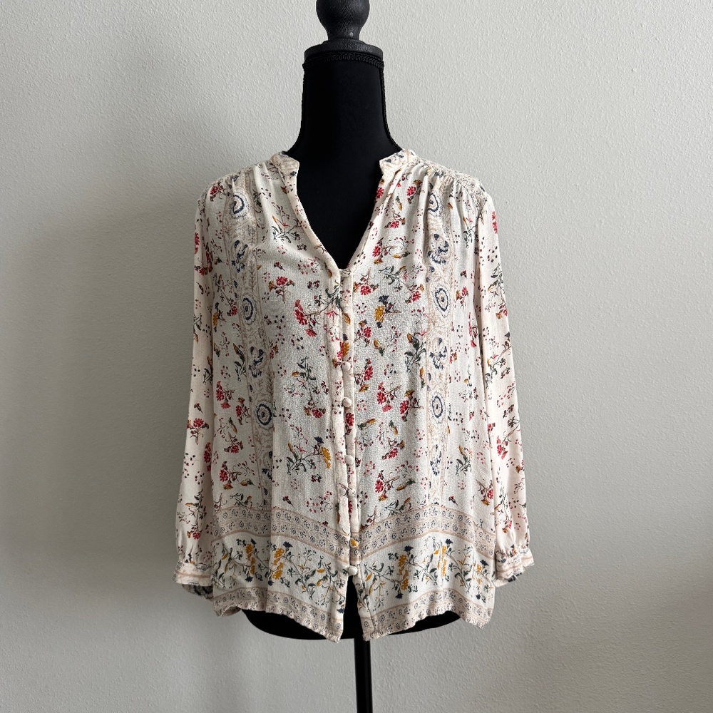 Lucky Brand Women's Cream Floral Button Front 3/4 Sleeve Blouse Viscose Size M